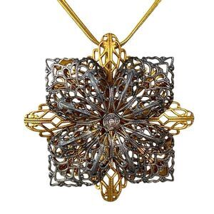 Vintage Filigree Pendant Openwork Necklace on Gokd Tone Sterling Silver Chain